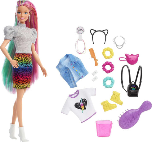 Barbie Doll Leopard Rainbow Hair with Color-Change Highlights & 16 Styling Accessories Including Clothes, Scrunchies, Brush & More...