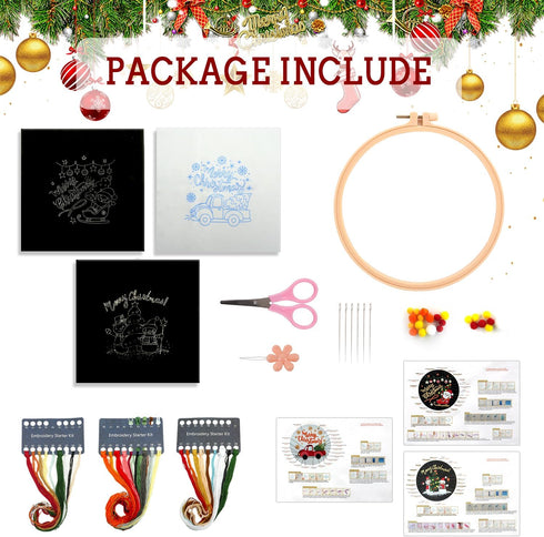 3 Sets Christmas Embroidery Starter Kit with Pattern for Beginners, Embroidery Kits with Christmas Pattern, Cross Stitch Set with Plastic Embroide...