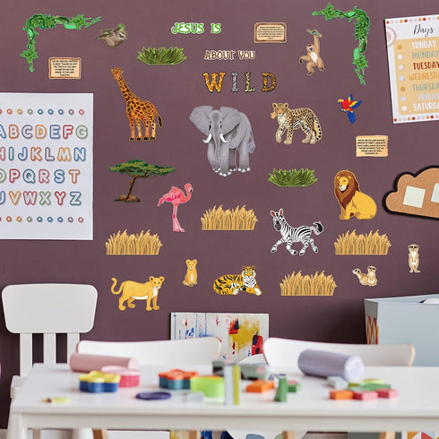 Fulmoon 34 Pcs Jungle Animals Bulletin Board Decorations Set Back to School Classroom Wild Safari Animal Cutout Wild About Jesus Christian Bible W...