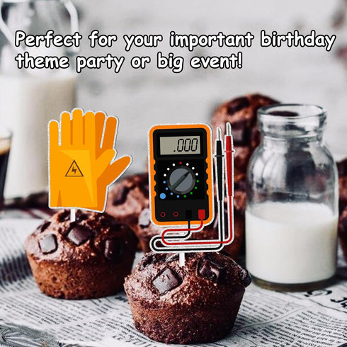 18pcs Gold Glitter Tools Dessert Cupcake Topper Power Electrician Lineman Theme Decor Supplies Boy Man Happy Birthday Party Decorations...