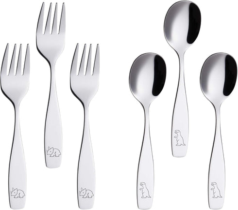 ANNOVA Children's Flatware 6 Pieces Set - Stainless Steel Silverware 3 x Safe Forks, 3 x Dinner Spoons - Kids Toddler Utensils Lunch Box (Engraved...
