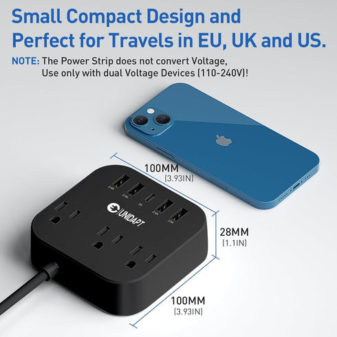 European Plug Adapter, Unidapt US to UK Europe Power Strip for EU/UK/US with USB C and 4 USB Ports, 3 AC Outlets, Wall Mountable, 5ft Extension Co...