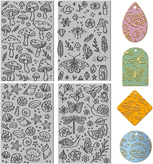 CHGCRAFT 4PCS Polymer Clay Texture Sheets Mushroom Clay Texture Mat Clay Sea Life Butterfly Dragon Pattern Pad Texture Sheets Clay Stamps Tools fo...