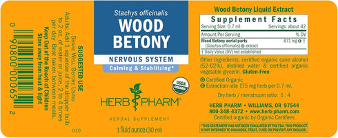 Herb Pharm Certified Organic Wood Betony Liquid Extract - 1 Ounce (DWOOD01)...