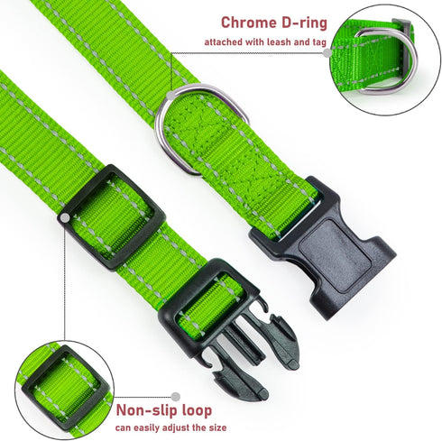 Reflective Dog Collar with Buckle Adjustable Safety Nylon Collars for Small Medium Large Dogs, Grass Green M...