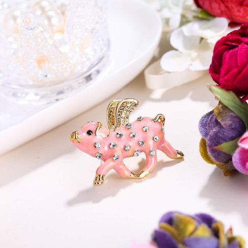EVER FAITH Austrian Crystals Pink Enamel Lovely When Pigs Fly Brooch Clear Gold-Tone...