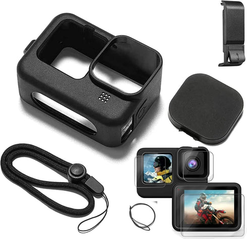 Accessories Kit Protective Soft Silicone Case for GoPro Hero 12/11/10/9 Black, Sleeve Case with Rubber Lens Cover + Screen Protector + Battery Sid...
