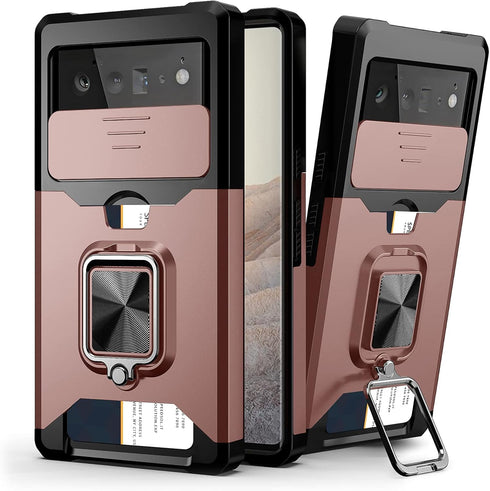 Compatible for Google Pixel 6 2021 Case (Not for 6P) with Camera Cover & Kickstand, Slide Lens Cover+Rotate Ring Stand+Card Holder, Impact-Resista...