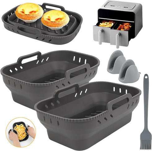 Air Fryer Silicone Liners for Ninjas Dual, 2 Pack Foldable Silicone Air Fryer Liners Basket Double with Oven Mitts and Brush, Rectangle Air Fryer ...