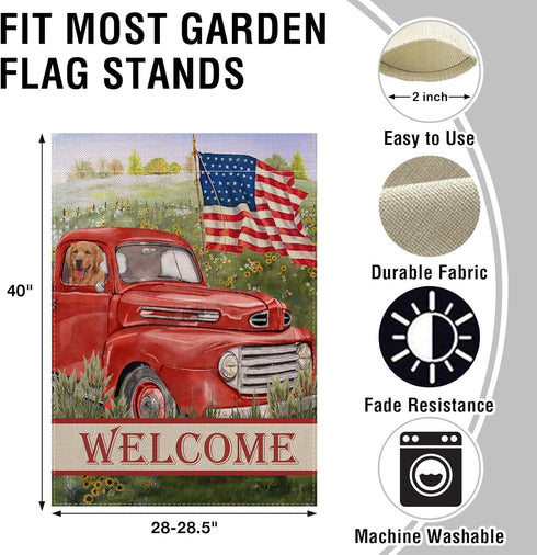 Welcome Summer American Red Truck 4th of July Decorative House Flag, Garden Yard Lawn Patriotic America Dog Outside Decor, USA Spring Home Outdoor...