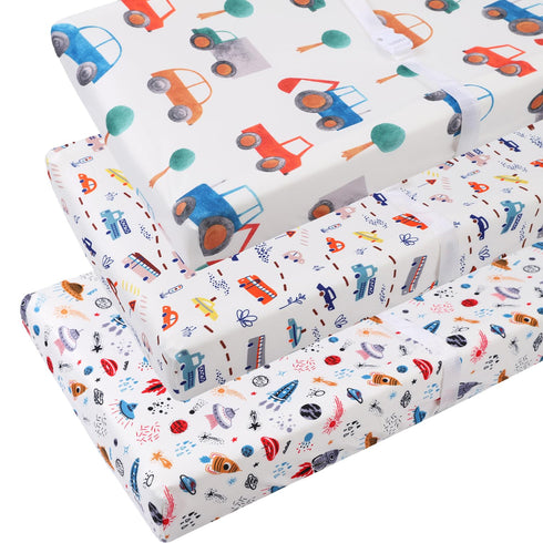 Changing Pad Cover Set 3 Pack Jersey Knit Ultra Soft for Baby Boys Girls Rocket Satellite/Car/Bus...