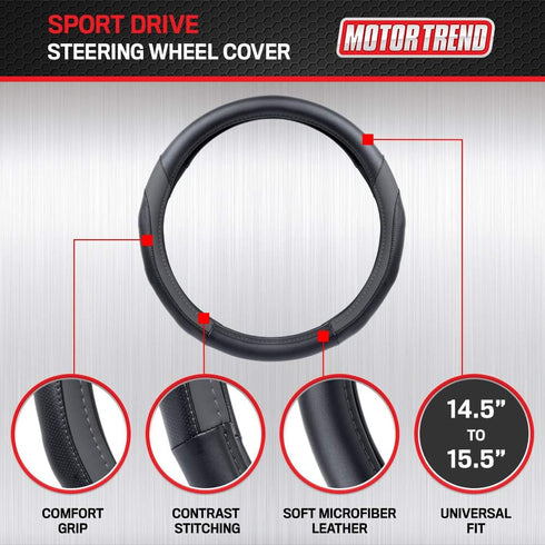 Motor Trend SportDrive Faux Leather Steering Wheel Cover, Standard 15 inch Size, Two-Tone Black & Dark Gray, Car Steering Wheel Cover for Truck Va...