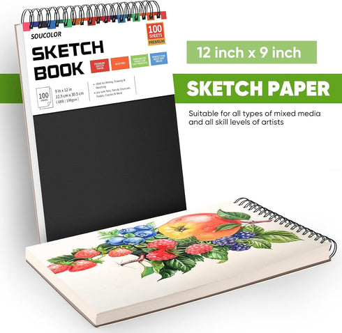 Soucolor 9" x 12" Sketch Book, 1-Pack 100 Sheets Spiral Bound Art Sketchbook, Acid Free (68lb/100gsm) Artist Drawing Book Paper Painting Sketching...