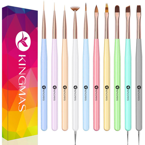 KINGMAS 10Pcs Nail Art Brushes, Nail Gel Polish Painting Brush Drawing Pen, Nail Liner Brush and Nail Dotting Pen for Gel Polish DIY Manicure Salo...