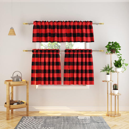 3 Pc Cotton Classic Country Farmhouse Kitchen Window Curtain -Red & Black Buffalo Check Tier & Valance Set, 54" x 18" / 27" x 36"...