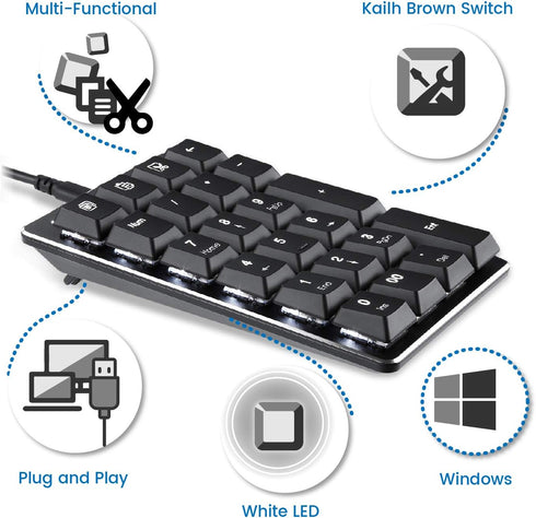 Perixx PERIPAD-303B, Backlit Mechanical Numeric Keypad - USB - Office Shortcut Keys - Full Size 22 Keys - Kailh Brown Switch Keys...