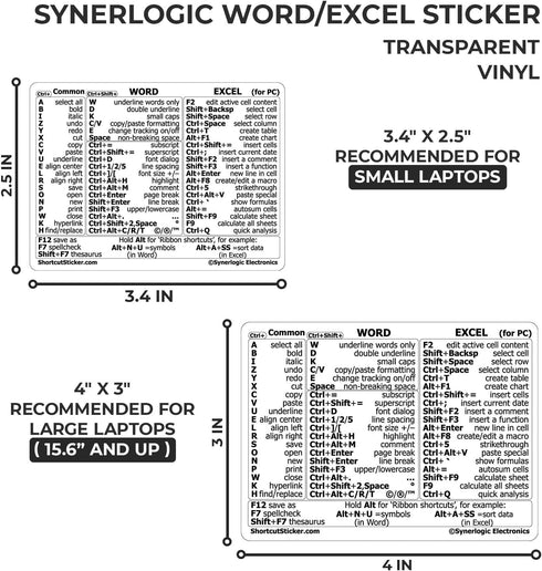 SYNERLOGIC Windows + Word/Excel (for Windows) Quick Reference Guide Keyboard Shortcut Stickers, No-Residue Vinyl (Clear/Small/Combo/5sets)...