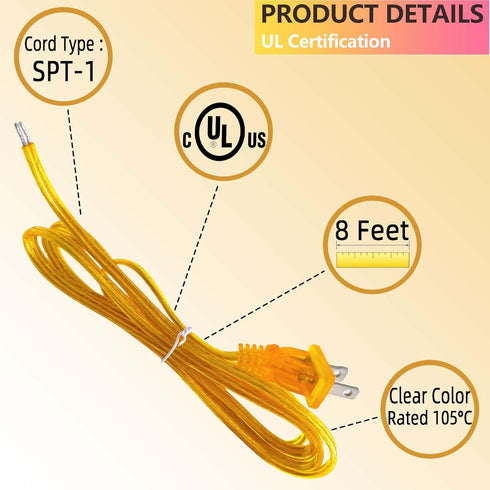 Clear Gold Lamp Cord, 8 Feet Transparent Replacement Lamp Cords for Lamp Repair Fix Project, SPT-1 Wire,18 AWG DIY Electrical Light Cable Cord wit...