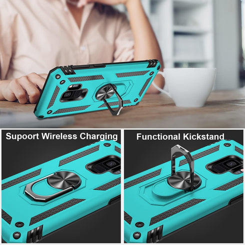 IKAZZ for Galaxy S9 Case,Military Grade Shockproof Heavy Duty Protective Phone Cover Pass 16ft Drop Test with Magnetic Kickstand Turquoise...