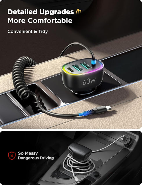USB C Car Charger, 60W Super Fast Car Charger Adapter with 5ft 30W Type C Coiled Cable, Car Phone Charger Adapter for iPhone 15 Pro Max, Samsung G...
