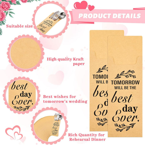 Gueevin 100 Pcs Tomorrow Will Be The Best Day Ever Wedding Paper Silverware Bags Utensil Holder Rustic Cutlery Pouch Bag for Wedding Rehearsal Din...