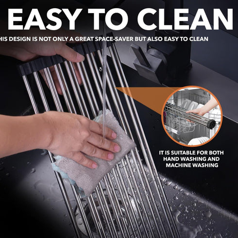 Roll Up Dish Drying Rack 21" x 16" - Over The Sink for Kitchen Counter, Foldable SUS304 Stainless Steel Dish Drying Rack for Cups, Utensils, Fruit...