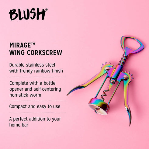 Blush Winged Corkscrew, Iridescent Bottle Opener, Cork Remover, Rainbow Wine Gift Accessory, Mirage, Set of 1...