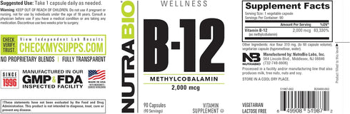 NutraBio Methyl B-12 Vitamin Supplement, 2000mcg – Promotes Cellular Health and Wellness, 90 Vegetable Capsules...