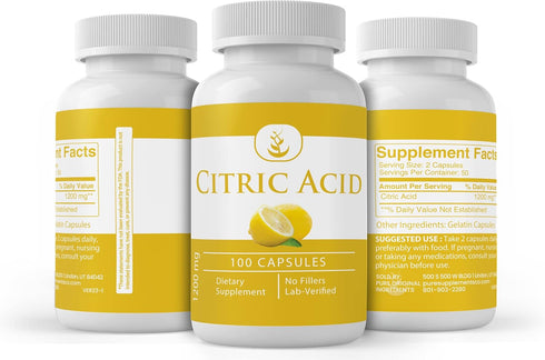 PURE ORIGINAL INGREDIENTS Citric Acid, (100 Capsules) Always Pure, No Additives Or Fillers, Lab Verified...