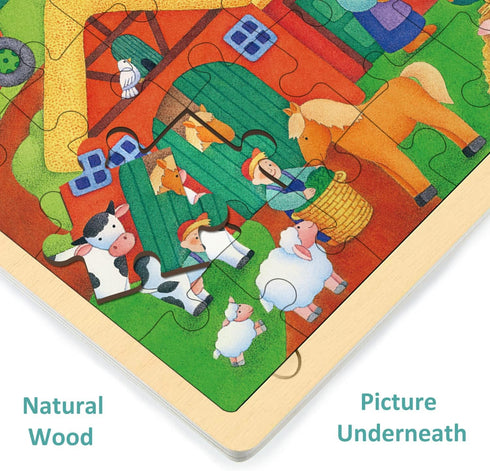 24 Piece Puzzles for Kids Ages 3-5 with Picture Underneath, Unique Shape Jigsaw Pieces Wooden Jigsaw Puzzle for 2 3 4 Year Old, Farm Animals Presc...