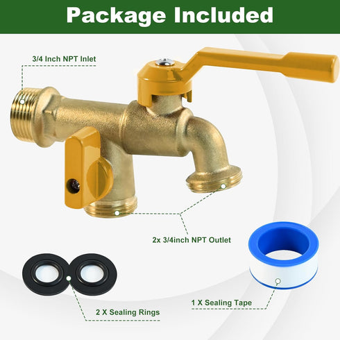 Outdoor Double Taps Water Faucet, Garden Hose Splitter 2 Way, 3/4 inch Wall Mounted Brass Water Tap, Frost-Proof Outside Spigot Replacement with 2...