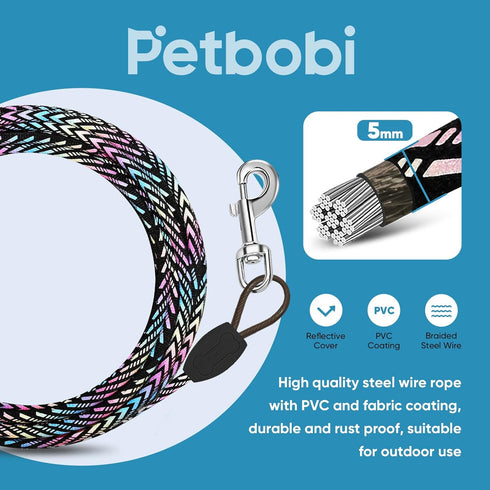 Petbobi 15 ft Dog Tie Out Cable - Reflective Dog Tether for Yard, Camping, Park - Outdoor Leash with Metal Swivel Hooks - Training Tether for Smal...