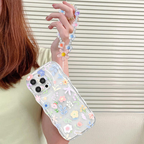 for iPhone 14 Pro Max Case, Cute Clear Colorful Flower Curly Wave Case with Lovely Flower Bracelet Chain for Women Girls Soft TPU Shockproof Bumpe...
