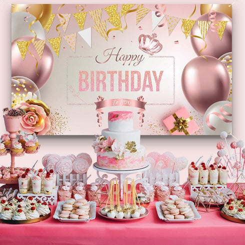 Happy Birthday Decorations Banner Large Rose Gold Balloons Backdrop Theme Poster for Girl Women Birthday Celebration Banner Party Supplies Photo B...