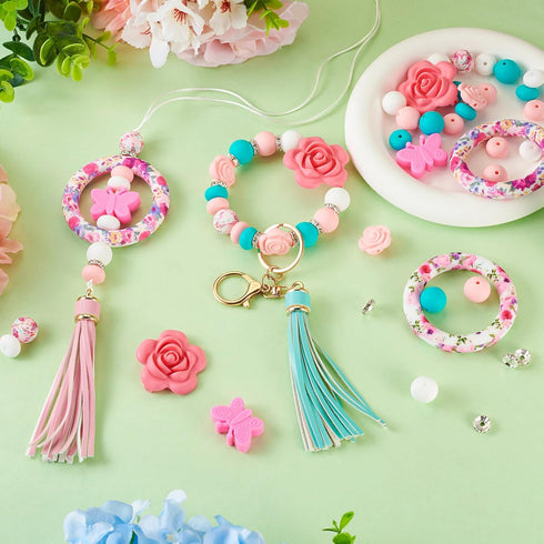 Elecrelive Silicone Beadable Rings Making Kits 65mm Round Silicone Bead Loop with 2 Hole & Flower Silicone Focal Beads Tassels for Key Chain Car P...