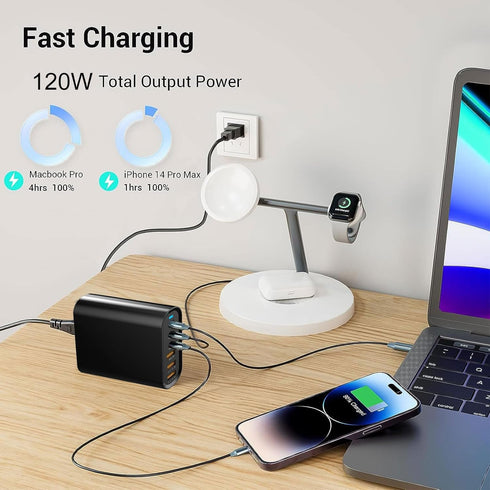 USB C Charging Station Fast Charger, 120W GaN Compact 6 Port Charging Station, USB C Wall Charger Adapter 3 USB C and 3 QC USB A Travel Charger fo...