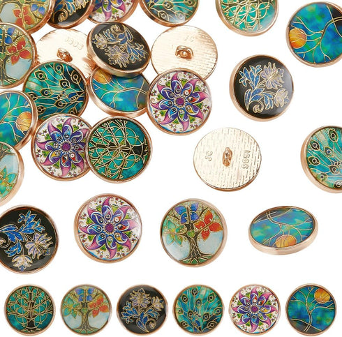 OLYCRAFT 24Pcs 6 Styles Alloy Enamel Shank Buttons Plant Theme Metal Blazer Buttons 20x8mm Flower Tree Vintage Shank Buttons Round Sewing Shank Bu...