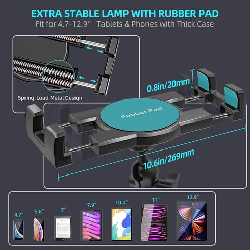 Aluminum Heavy Duty Drill Base Tablet Holder Car Mount Dashboard, 14.2“ Long 360°3-Stage Metal Stand Bracket for 4.7-12.9" iPad Pro/Air/Mini/Samsu...