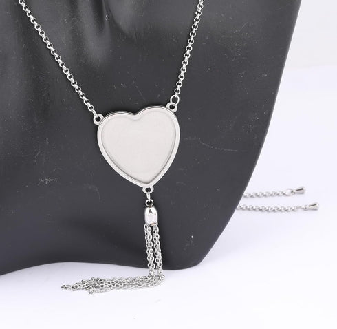 5pcs Tassel Chain Necklace Base Blanks Stainless Steel 25mm Heart Cabochon Pendant Bezel Setting Trays DIY Jewelry Making Supplies...
