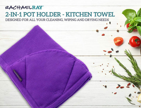 Rachael Ray Moppine Towel, 2pk - 2-in-1 Kitchen Towel and Pot Holder with 2 Heat Resistant Pockets to Grip Hot Cookware, Bakeware-Absorbent Kitche...
