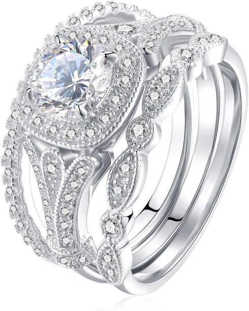 Fashion Ring Set Three-in-One Round Wedding Bands Set Engagement Rings 925 Silver Ring Cubic Zirconia CZ Promise Eternity Band for Women Size 6-10...