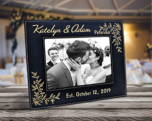 Personalized Newlywed Couples 7x5 Leather Picture Frame Engraved Women Mens Wedding Anniversary Husband Wife...
