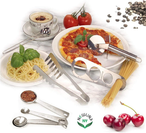 NewlineNY Stainless Steel 5 Pcs Handy Gourmet Pasta and Kitchen Tool Set: Pasta Noodle Multipurpose Tong, Spaghetti Measure Tool, Pizza Roller Whe...