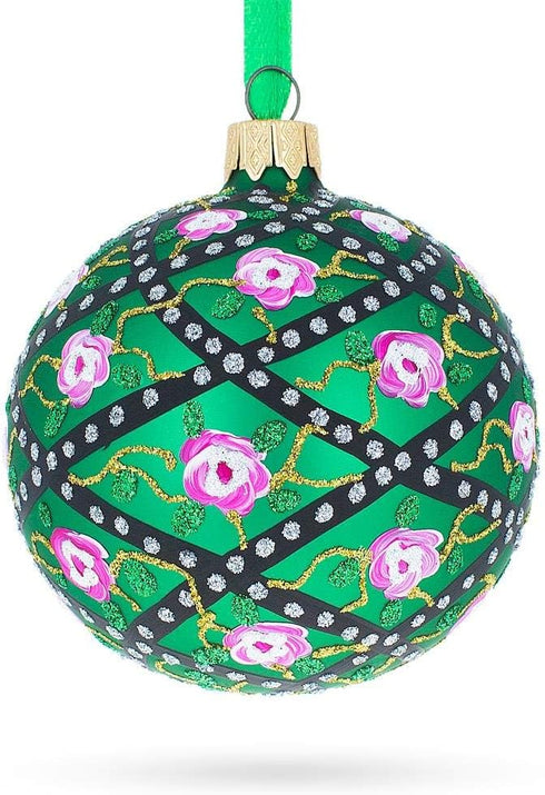 1907 Rose Trellis Royal Egg Green Glass Ball Christmas Ornament 3.25 Inches...