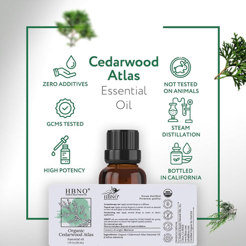 HBNO® California Bottled Organic Cedarwood Essential Oil 1 fl oz (30ml) - USDA Certified Organic Cedarwood Essential Oil for Aromatherapy, Soap Ma...