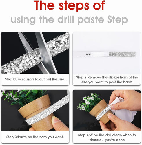 Yolev 3 Yards Self Adhesive Rhinestone Strips Diamond Bling Crystal Rhinestone Ribbon Sticker, DIY for Crafting, Cake Decorating and Fabric (Silve...