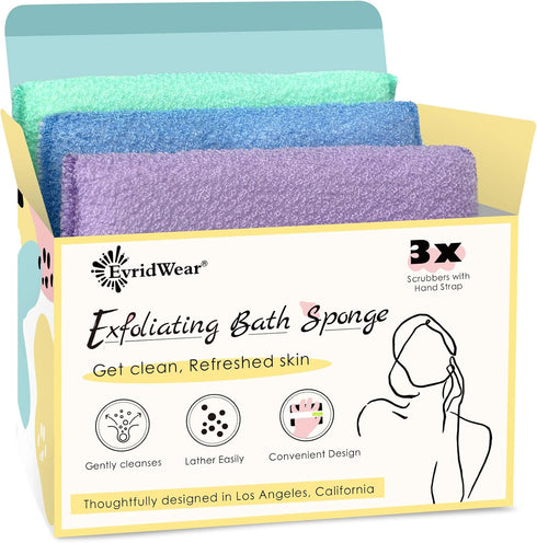 Evridwear Exfoliating Bath Sponge, Daily Skincare Body Scrubbers Loofah Shower Pads with Strap for Body Cleansing, Dead Skin Cell Remover, 3 Count...