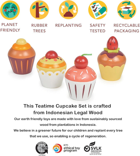 Toys - Teatime Cupcake Set - 4pc Wooden Assorted Decorated Cupcake Playset - Afternook Playset Toy for Children Pretend Kitchen Play - Social and ...