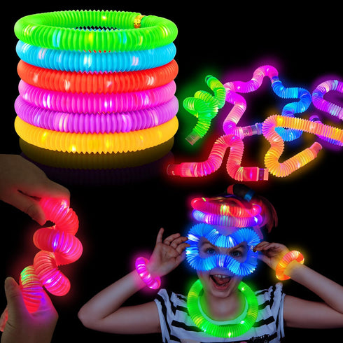 Light Up Pop Tubes for Kids 6 PCS, Glow Sticks Party Favors for Toddlers, Neon LED Stretchy Bracelets Necklaces Accessories for Children, Travel C...