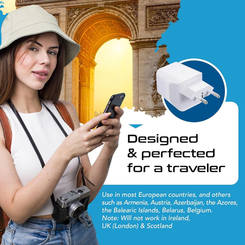 Ceptics European, Egypt Travel Adapter Plug with Dual USB - Type C - Europe - Usa Input - Light Weight - Perfect for Cell Phones, Chargers, Camera...